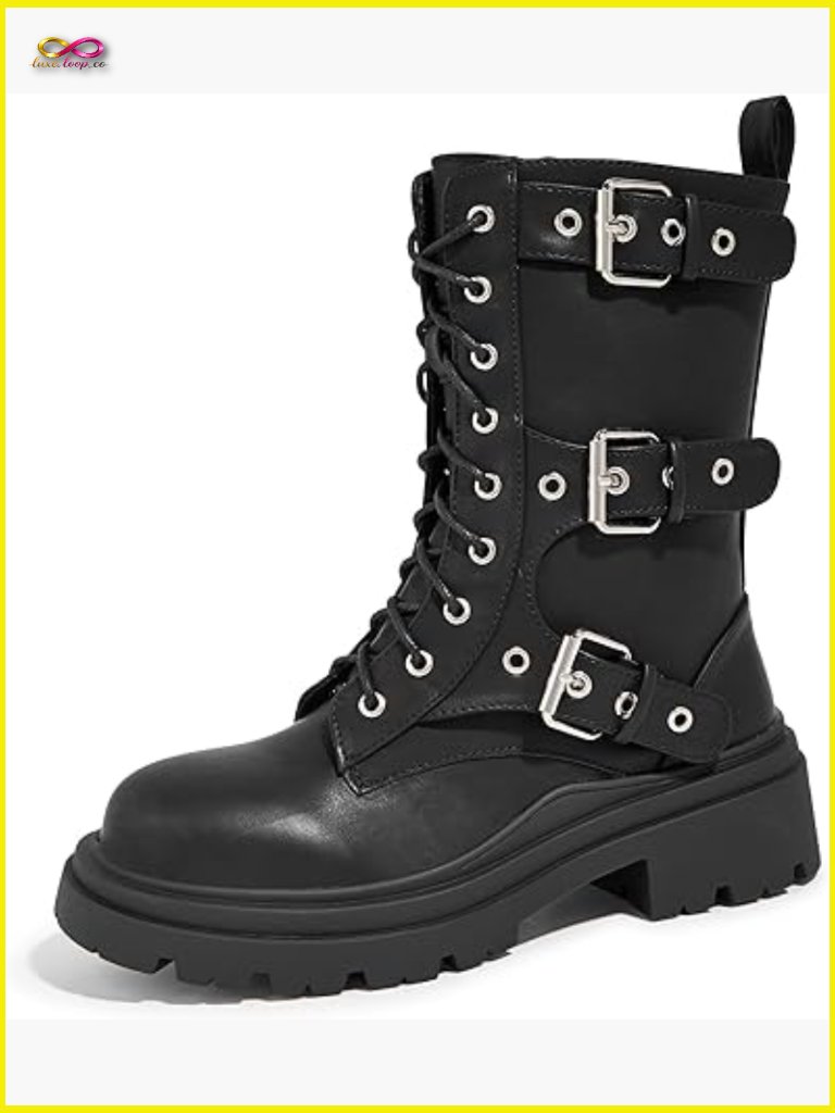Chunky Platform Combat Boots - Mid Calf Motorcycle Side Zipper Buckles Goth